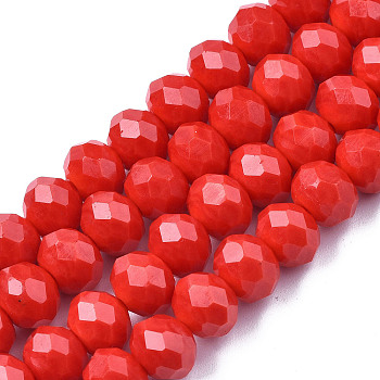 Opaque Solid Color Imitation Jade Glass Beads Strands, Faceted, Rondelle, Red, 6x5mm, Hole: 1mm, about 84~85pcs/strand, 41.5~42cm