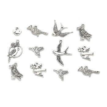 Tibetan Style Alloy Pendants, Bird, Antique Silver, 17~62.5x8~48.5x1~8mm, Hole: 2~4mm