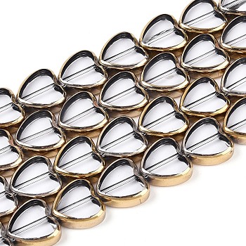 Electroplate Glass Beads Strands, Heart, with Golden Tone Brass Edge, Clear, 13~13.5x14x4~4.5mm, Hole: 0.8~0.9mm, about 22pcs/strand, 11.02''(28cm)