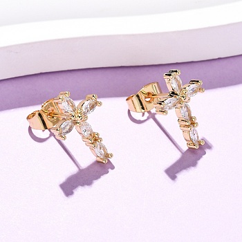 Brass Micro Pave Clear Cubic Zirconia Cross Stud Earrings, Real 18K Gold Plated, 14x9.5mm