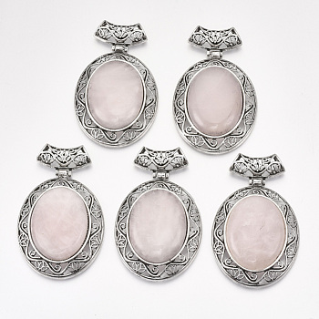 Natural Rose Quartz Big Pendants, with Alloy Findings, Oval, Antique Silver, 60x46x15mm, Hole: 8x5mm