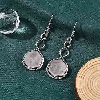 Hexagon Natural Rose Quartz Dangle Earrings, with Rack Plating Brass, Long-Lasting Plated, Lead Free & Cadmium Free, 54x17mm