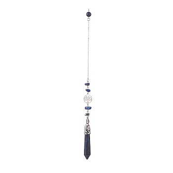 Natural Lapis Lazuli Pointed Dowsing Pendulums, with Stainless Steel Tree of Life & Lobster Claw Clasp, Faceted Bullet Charm, 257mm