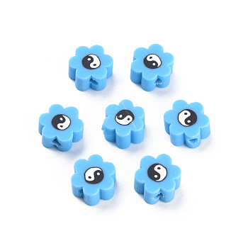 Handmade Polymer Clay Beads, for DIY Jewelry Crafts Supplies, Flower with Yinyang, Deep Sky Blue, 8~9x7.5~8.5x4~4.5mm, Hole: 1.6~1.8mm
