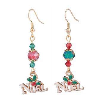 Word Noel Alloy Charm with Glass Long Dangle Earrings, 304 Stainless Steel Wire Wrap Christmas Earrings for Women, Colorful, 53.5mm, Pin: 0.7mm