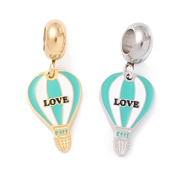 304 Stainless Steel European Dangle Charms, Large Hole Pendants, with Enamel, Golden & Stainless Steel Color, Balloon & Word Love, Turquoise, 25mm, Hole: 4.5mm