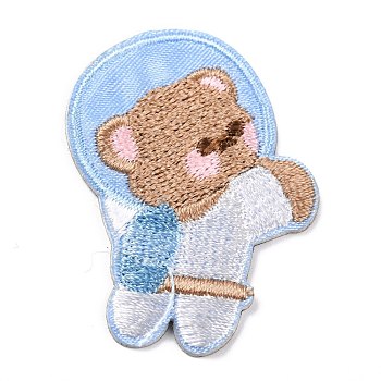 Computerized Embroidery Cloth Self Adhesive Patches, Stick On Patch, Costume Accessories, Appliques, Bear, Sky Blue, 41x29x1.5mm