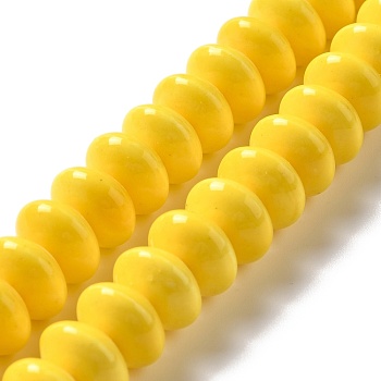 Handmade Pearlized Porcelain Beads, Flat Round, Yellow, 12x7mm, Hole: 1.6mm, about 45pcs/strand, 12.40''(31.5cm)