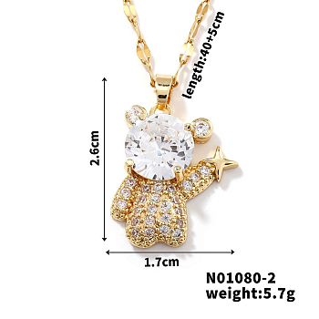 Brass Clear Cubic Zirconia Shiny 3D Bear Pendant Necklaces, Golden, 15.75 inch(40cm)