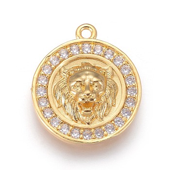 Brass Micro Pave Cubic Zirconia Pendants, Long-Lasting Plated, Flat Round with Lion Head, Clear, Golden, 18x16x4mm, Hole: 1.2mm