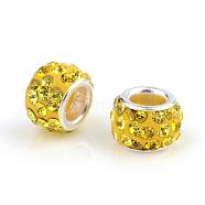 Polymer Clay Rhinestone European Beads, Large Hole Beads, Rondelle, with Silver Color Plated Brass Cores, Citrine, 10~12x7~8mm, Hole: 5mm(CPDL-T001-13)