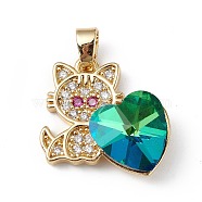 Real 18K Gold Plated Rack Plating Brass Micro Pave Cubic Zirconia Pendants, with Glass, Long-Lasting Plated, Cadmium Free & Lead Free, Cat with Heart, Green, 21x19.5x7.5mm, Hole: 3.5x5mm(KK-C015-31G-01)