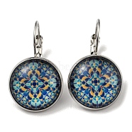 Flower Glass Leverback Earrings with Brass Earring Pins, Pale Turquoise, 29mm(EJEW-Q798-01M)