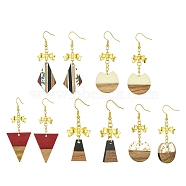 Resin & Walnut Wood Dangle Earrings, Golden Alloy Bowknot Long Drop Earrings, Mixed Shapes, 50.5~79x19.5~30.5mm(EJEW-JE05507)