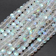Synthetic Moonstone Beads Strands, Holographic Beads, Half AB Color Plated, Frosted, Round, White, 10mm, Hole: 1mm, about 37pcs/strand, 15 inch(G-F142-10mm-01)