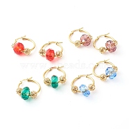 304 Stainless Steel Hoop Earrings,  with Brass & Glass European Beads, Mixed Color, 36x25x2mm, Pin: 0.7mm(EJEW-JE04557)