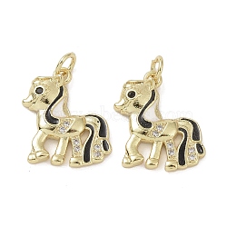 Brass Micro Pave Cubic Zirconia Pendants, with Enamel and Jump Ring, Horse Charms, Black, 17.5x14.5x3mm, Hole: 3.4mm(KK-L209-079G-01)