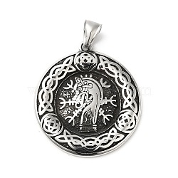 304 Stainless Steel Manual Polishing Pendants, Flat Round with Helm of Awe, Antique Silver, 43x38.5x4mm, Hole: 4x8.5mm(STAS-G274-21AS)