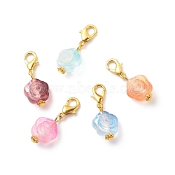 Acrylic Rose Flower Pendants Decoration, Clip-on Charms,  with Alloy Lobster Claw Clasps, Mixed Color, Golden, 28mm(HJEW-JM00739-01)