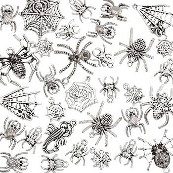 Tibetan Style Alloy Pendants, Mixed Spider Shape, Antique Silver, 17~43x14~47x2~4.5mm, Hole: 1.5~3.5mm