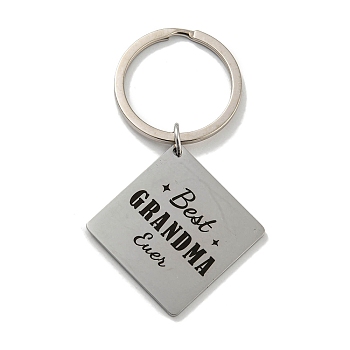 Mother's Day Gift 201 Stainless Steel Word Best Grandma Keychains, with Iron Key Rings, Rhombus, 72.50mm
