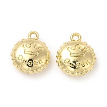 Rack Plating Alloy Charms, Cadmium Free & Lead Free, Flat Round with Crown & Word Queen, Light Gold, 13x11x5mm, Hole: 1.4mm