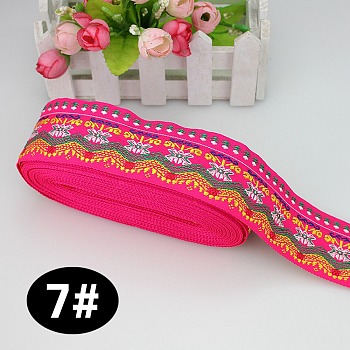 Ethnic Style Embroidery Polyester Ribbons, Jacquard Ribbon, Garment Accessories, Wave Pattern, Deep Pink, 1-3/4 inch(45mm), about 10.94 Yards(10m)/Roll