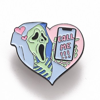Word Call Me Enamel Pin, Heart with Skull Alloy Badge for Backpack Clothes, Electrophoresis Black, Colorful, 26.5x30.5x1.5mm, Pin: 1.2mm