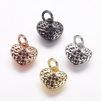Hammered Brass Micro Pave Cubic Zirconia Pendants, Crosslet Heart Pendants, Heart with Cross Charms, Black, Mixed Color, 9x10x1.5mm, Hole: 3mm