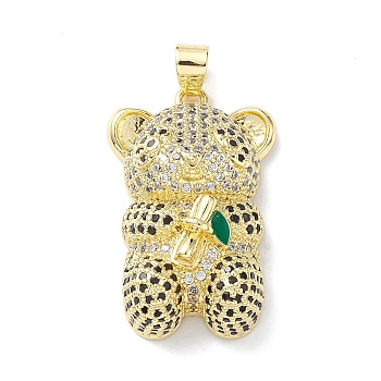 Rack Plating Brass Micro Pave Cubic Zirconia Pendants, with Enamel, Lead Free & Cadmium Free, Panda with Bamboo Charm, Real 18K Gold Plated, 32.5x21x11mm, Hole: 5x4mm