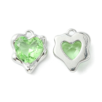Brass Micro Pave Cubic Zirconia Charms, Heart Charm, Real Platinum Plated, Light Green, 13x11x4.5mm, Hole: 1.2mm