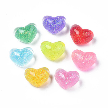Translucent Acrylic Cabochons, with Glitter Powder, Heart, Mixed Color, 14x18x12mm