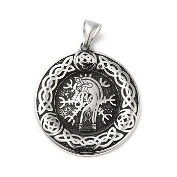 304 Stainless Steel Manual Polishing Pendants, Flat Round with Helm of Awe, Antique Silver, 43x38.5x4mm, Hole: 4x8.5mm