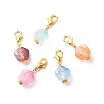 Acrylic Rose Flower Pendants Decoration, Clip-on Charms,  with Alloy Lobster Claw Clasps, Mixed Color, Golden, 28mm