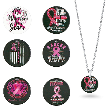 6Pcs 6 Style Breast Cancer Pink Awareness Ribbon Style 201 Stainless Steel Pendants, Flat Round, Stainless Steel Color, Mixed Color, 25x1mm, Hole: 1.8mm, 1pc/style