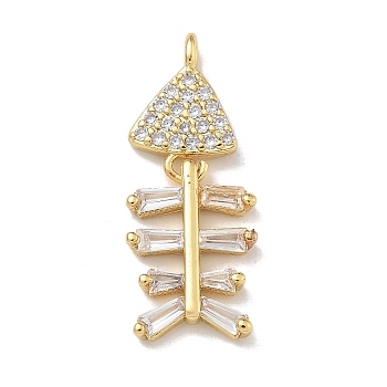 Rack Plating Brass Micro Pave Clear Cubic Zirconia Pendants, Long-Lasting Plated, Lead Free & Cadmium Free, Fishbone Charms, Real 18K Gold Plated, 26.5x10.5x2.5mm, Hole: 1.3x2mm