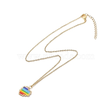 Rainbow Color Japanese Seed Braided Heart Pendant Necklace with 304 Stainless Steel Chains for Women(NJEW-MZ00005)-3