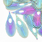 Ion Plating(IP) 201 Stainless Steel Filigree Big Pendants, Etched Metal Embellishments, Teardrop, Rainbow Color, 62x24x0.3mm, Hole: 1.5mm(X-STAS-S108-91)