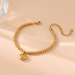 Stainless Steel Charm Bracelets for Woman, with Round Beads, Heart, Golden, 6-1/4 inch(16cm)(PW-WG5C5DA-01)