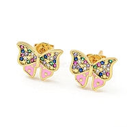 Bowknot Real 18K Gold Plated Brass Stud Earrings, with Enamel and Cubic Zirconia, Pink, 10x12.5mm(EJEW-L269-097G-02)