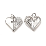 Brass Micro Pave Cubic Zirconia Pendants, with Jump Ring, Heart with Religion Cross Charm, Platinum, 16.5x16.5x3.5mm, Hole: 3.3mm(KK-E068-VB169)