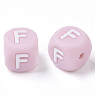 Food Grade Eco-Friendly Silicone Beads, Horizontal Hole, Chewing Beads For Teethers, DIY Nursing Necklaces Making, Letter Style, Cube, Pink, Letter.F, 10x10x10mm, Hole: 2mm(SIL-R011-10mm-04F)