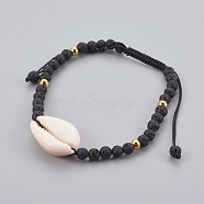 Natural Lava Rock Braided Bead Bracelets, with Cowrie Shell, 2 inch~3-1/8 inch(5~8cm)(BJEW-JB04078-03)