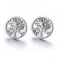 304 Stainless Steel Stud Earrings, Hypoallergenic Earrings, Flat Round with Tree of Life, Stainless Steel Color, 15x1.2mm, Pin: 0.8mm(EJEW-H371-03P)