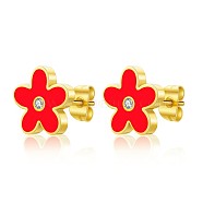 Stainless Steel Enamel Flower Stud Earrings, Red, Golden(XB5418-3)