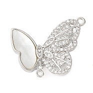 Brass Micro Pave Clear Cubic Zirconia with Natural Shell Fold Over Clasps, Butterfly, Platinum, 19.5x22.5x10mm, Hole: 1mm & 1.4mm(KK-G505-28P)