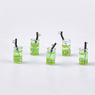 Glass Bottle Pendants, with Resin, Plastic and Iron Findings, Fruit Tea Charms, Platinum, Green Yellow, 25~28x10mm, Hole: 1.8mm(CRES-N017-06F)
