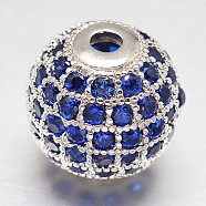 CZ Brass Micro Pave Cubic Zirconia Round Beads, Platinum, 8mm, Hole: 2mm(ZIRC-L017-8mm-09P)