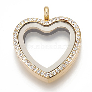 Alloy Magnetic Locket Pendants, with Rhinestone and Glass, Heart, Crystal, Golden, 35x30x8mm, Hole: 4mm, Inner Measure: 20x22mm(PALLOY-T052-11G)