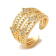 Rack Plating Brass Micro Pave Clear Cubic Zirconia Cuff Rings for Women, Long-Lasting Plated, Cadmium Free & Lead Free, Real 18K Gold Plated, Star, 14mm(RJEW-G325-13B-G)